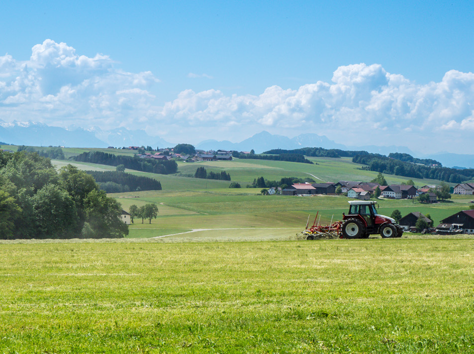 Weite ländliche Landschaft mit grünen Wiesen, Feldern und verstreuten Bauernhöfen. Im Vordergrund fährt ein roter Traktor über eine frisch gemähte Wiese. Am Horizont zeichnen sich Berge unter einem blauen Himmel mit großen weißen Wolken ab.