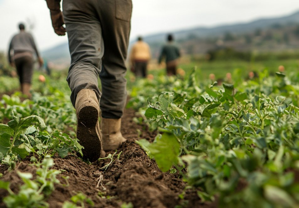 Mehrere landwirtschaftliche Arbeitskräfte gehen in Gummistiefeln durch die Reihen eines grünen Gemüsefeldes. Im Vordergrund ist aus bodennaher Perspektive eine Person von hinten zu sehen; die übrigen Personen und die hügelige Landschaft erscheinen unscharf im Hintergrund.