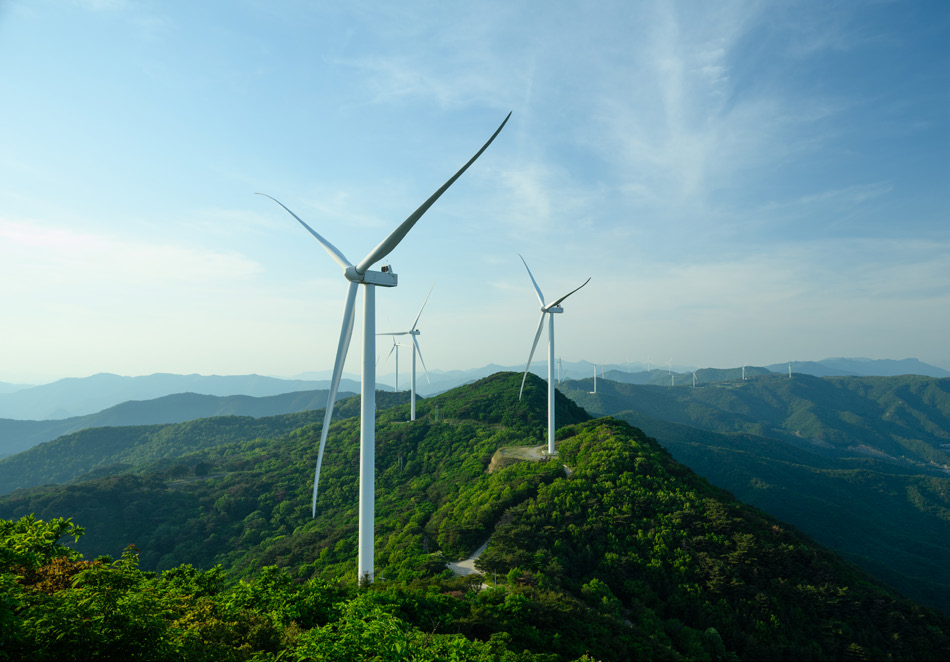 Mehrere Windräder stehen entlang eines bewaldeten Bergrückens. Weitere Anlagen ziehen sich bis in die Ferne durch die grüne Berglandschaft unter einem hellblauen, leicht bewölkten Himmel.