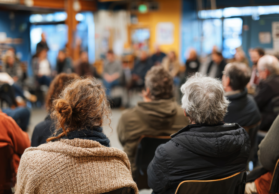 Eine größere Gruppe von Menschen sitzt in einem Kreis und nimmt an einer gemeinsamen Gesprächsrunde teil. Im Vordergrund sind zwei Personen von hinten zu sehen; die übrigen Teilnehmenden erscheinen unscharf im Hintergrund.