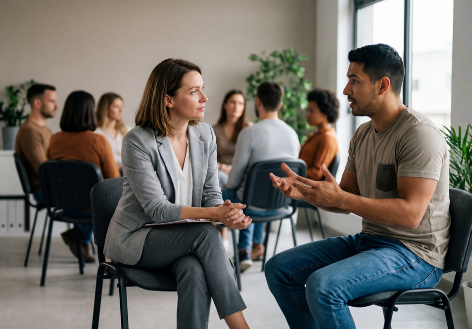 Eine Frau und ein Mann sitzen sich in einem hellen Raum gegenüber und führen ein konzentriertes Gespräch. Der Mann gestikuliert beim Sprechen, während die Frau aufmerksam zuhört und Notizen bereithält. Im Hintergrund tauschen sich weitere Personen in Kleingruppen aus.